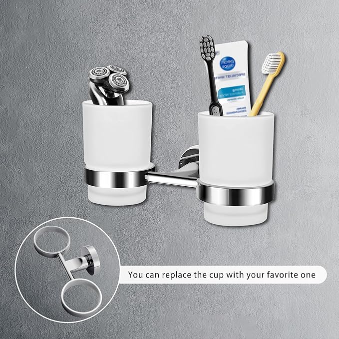 Double Toothbrush Holder, Wall Mounted Glass Tumbler Holder with Frosted Glass, Toothpaste Organizer for Bathroom