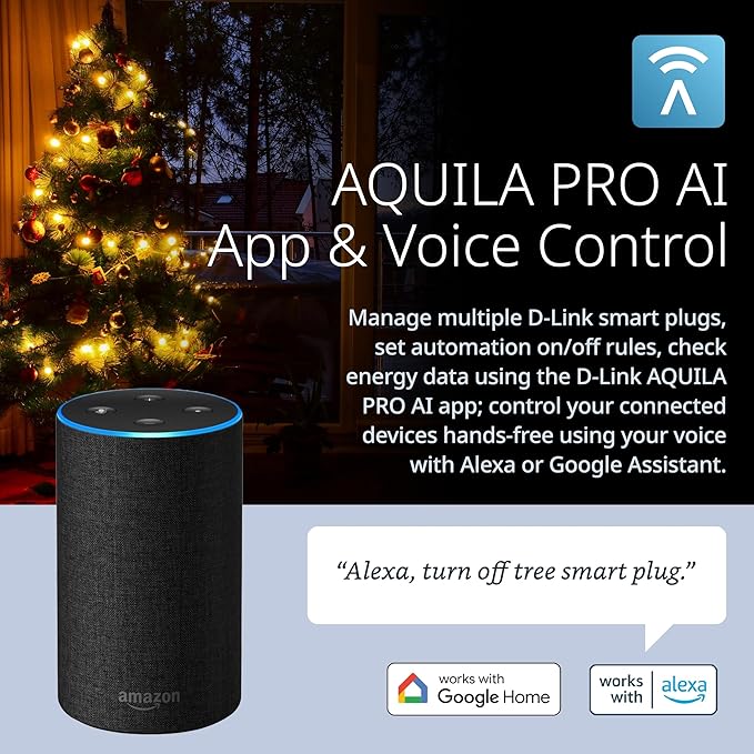 D-Link PM-01M Wi-Fi Smart Plug, Aquila PRO AI & Matter Supported, Compact Design, 15A/1800W Max, Energy Monitoring, Easy Bluetooth Setup, Works with Alexa & Google Home, Flame-Retardant, UL Certified