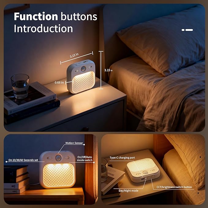 Motion Sensor Night Light, Rechargeable Magnetic LED Closet Light with 3 Color Temperatures & Stepless Dimming, Type-C Charging, 20/30/60s Timer, Stick-on Wall Light for Stairs, Hallway, RV