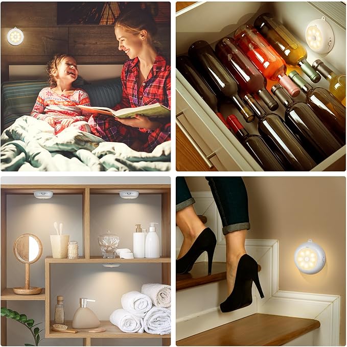Reoshine Motion Sensor Light Indoor AA Battery Operated, Under Cabinet Lighting, Magnetic Stick on LED Puck Lights for Stair, Wall, Closet, Dimmable, 3000K Warm White (3 Pack)
