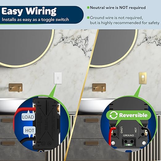 TOPGREENER Motion Sensor Light Switch, Occupancy & Vacancy Motion Sensor Switch, 𝐎𝐩𝐞𝐫𝐚𝐛𝐥𝐞 𝐖𝐢𝐭𝐡𝐨𝐮𝐭 𝐆𝐫𝐨𝐮𝐧𝐝 𝐖𝐢𝐫𝐞, No Neutral Wire, Single Pole, TDOS5-HL-GD, Gold