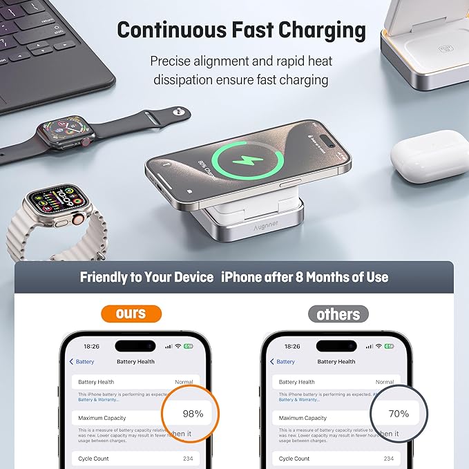 【2026 Upgraded】Wireless Charger 3 in 1, Foldable Wireless Charging Station with Light for Apple Magnetic Charger, Travel Magnetic Charger for iPhone 17/16/15/14/13/12 Apple Watch AirPods (20W Adapter)