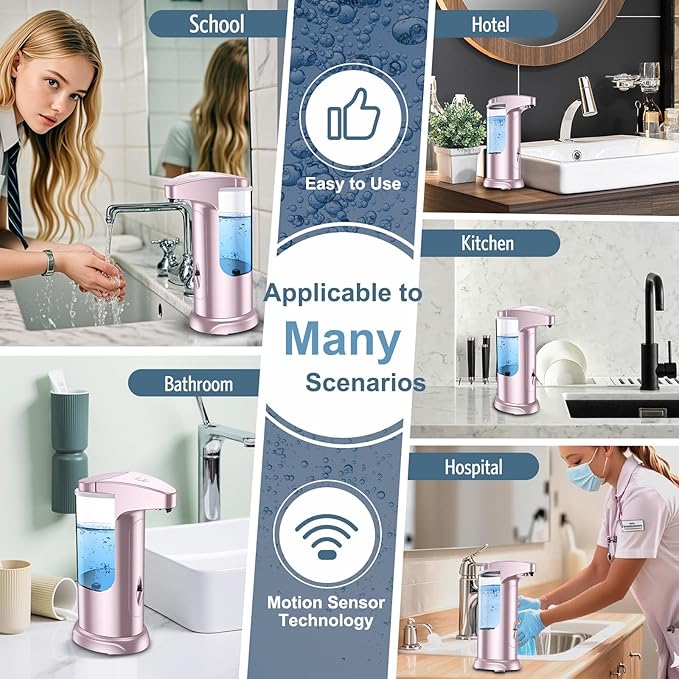 12.5 oz Automatic Liquid Soap Dispenser, Touch-Free Battery Operated Adjustable Soap Dispensing, Volume Premium for Kitchen Bathroom Toilet (Pink)
