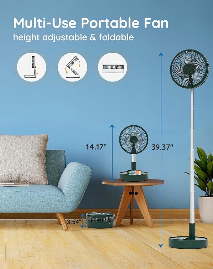 Primevolve Portable Fan,Battery Operated Rechargeable USB Fan with Remote, Foldable Floor Table Desk Pedestal Fan for Bedroom Camping Travel,Green 7.7"