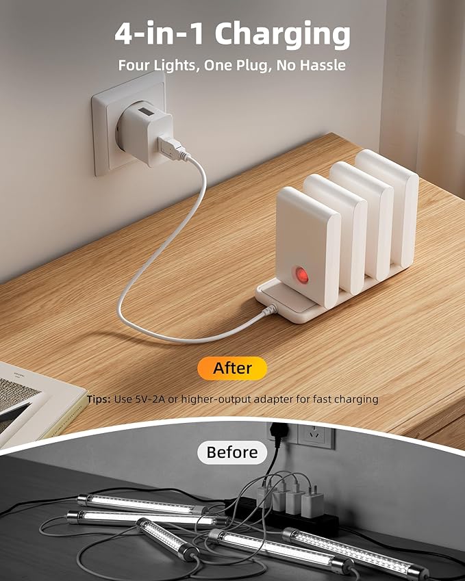 EZVALO Motion Sensor Stair Lights Indoor, Rechargeable Night Lights with Magnetic & Dimmable, Auto On/Off 3000K Soft White, Stick-On for Stairs, Hallway, Bathroom (4 Pack with Charging Station)
