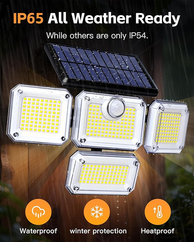 Outdoor Motion Sensor Lamp, 4-Head Solar Power Light, 333 LED Solar Light, Wireless Flood Lights Outdoor，3000 Lumens, 6500K, Motion Sensor, IP65 Waterproof, 270° Lighting Range for Street （2Pack）