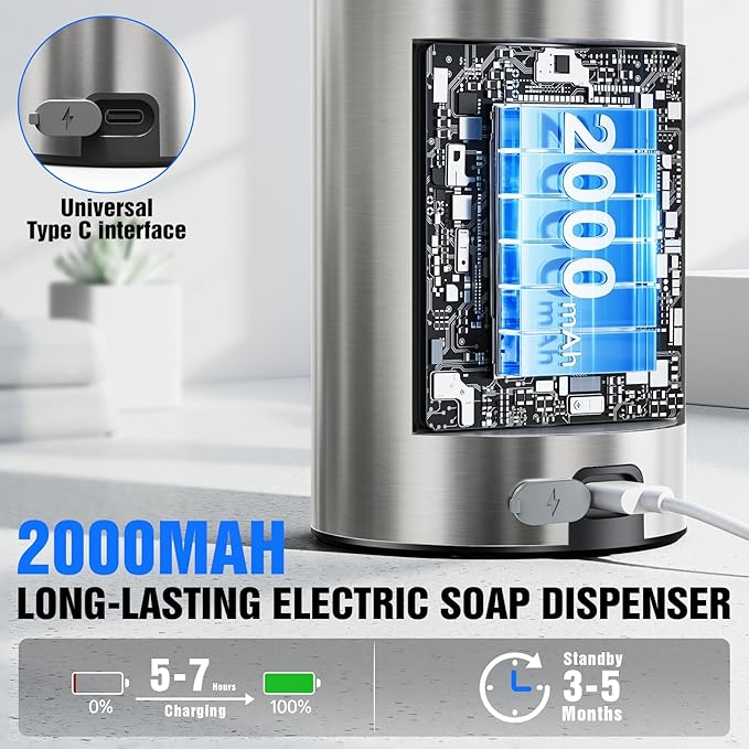 Fantictas Automatic Foaming Soap Dispenser Touchless, Stainless Steel 11.5 oz 3 Levels Adjustable Hand Soap Dispenser with Rechargeable Sensor Pump for Kitchen & Bathroom Liquid Soap