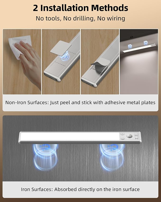 EZVALO Under Cabinet Lighting, 3500mAh Rechargeable Motion Sensor Light Indoor, 3 Color Temps, 5-Level Dimmable Magnetic Wireless Closet Lights for Kitchen, Pantry, Stairs (2 Pack)