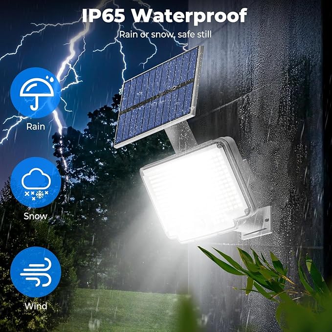 Peasur 1 Pack Solar Motion Lights Outdoor, 318 LED Solar Security Light with 3 Modes, IP65 Waterproof Powered Flood Lights for Outside Garage Yard, (Cool Light, White Frame)