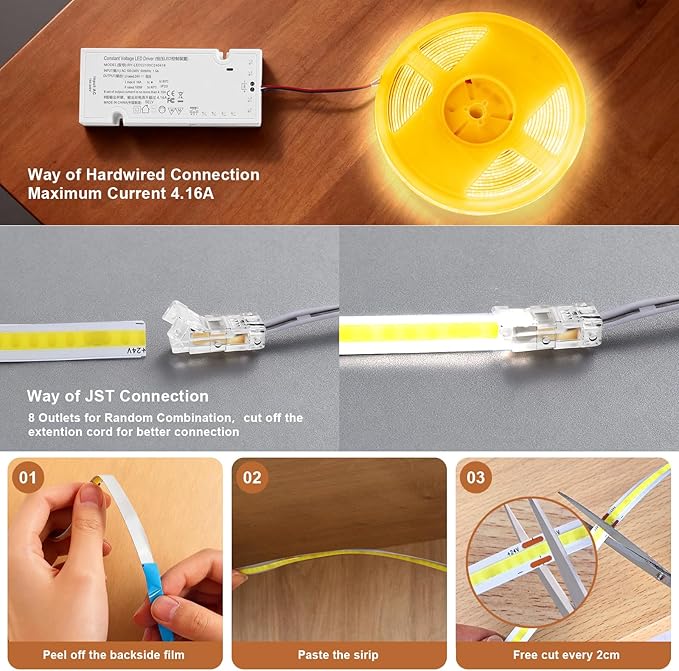 Under Cabinet Led Light Strip kit,2 Roll x 16.4ft Cuttable 3000K COB,Diffused Power with 8 JST & 2 Hardwired Outlets,Touch Sensor for Gun Safe Case,Book Shelf,Floating Shelf,Slat Wall Panel