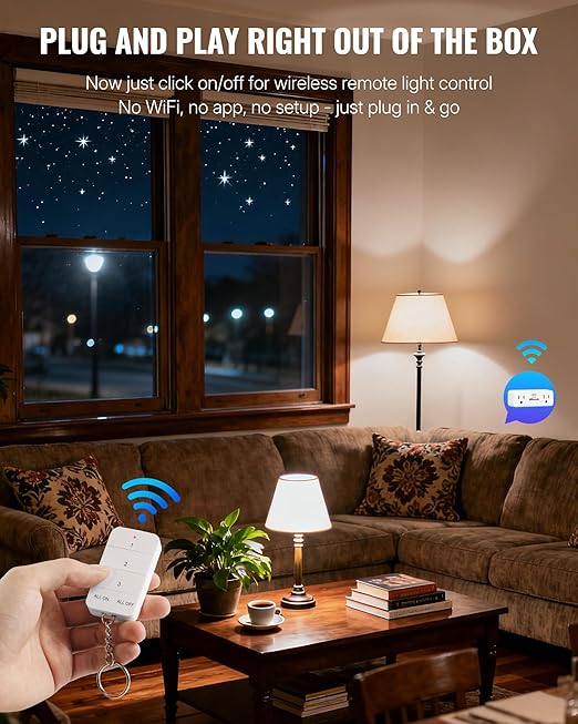 Remote Control Outlet with 2 Independent Control Sockets, WILAWELS Wireless Light Switch, Expandable Remote Outlet Switch for Christmas Tree Lights, String Lights, 15A/1875W/125V, FCC Listed