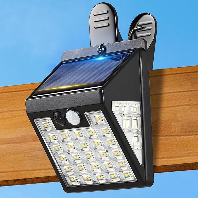 Clip On Solar Lights Outdoor,Motion Sensor Outdoor Lights, 72LEDs 600LM Clip on Solar Fence Lights Outdoor Waterproof LED,Solar Lights for Wall Fence,Deck, Gutter,Camping(1, Black)