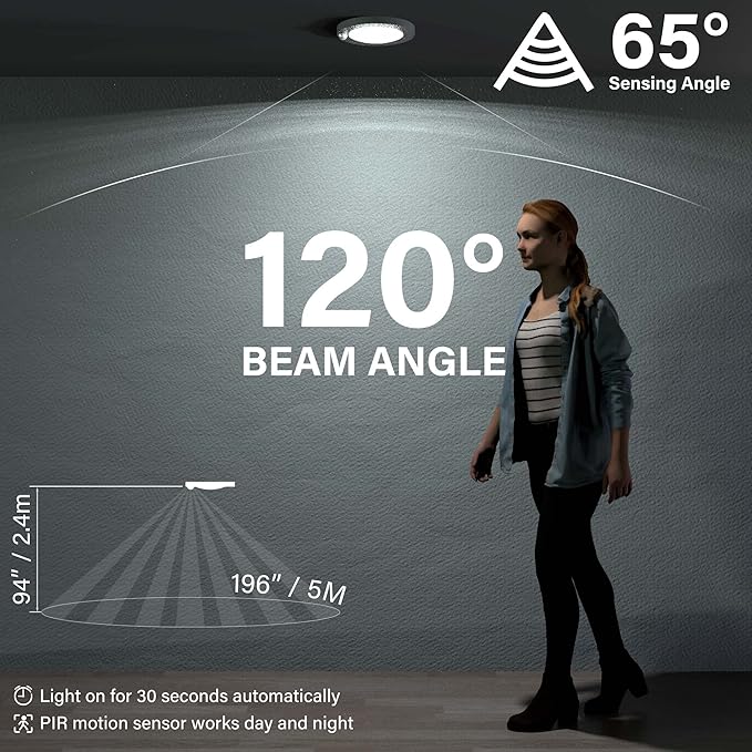 ZAGO LED 6" 120 Volts Closet Light Wired, PIR Motion Sensor Ceiling Disc Light, 15W, 1100 Lumens, CRI>80, 5000K Daylight White for Closet, Laundry, Garage, Pantry, Wet Location, ETL, White, 4 Packs