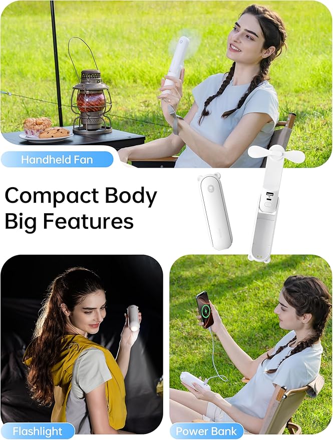 JISULIFE Handheld Fan 8 Plus: All-in-One Mini Fan with 37Hrs Cooling & 4500mAh PowerBank & Flashlight, USB Rechargeable, Portable Pocket Size for Travel, Makeup, Concert, Gifts for Women(White)