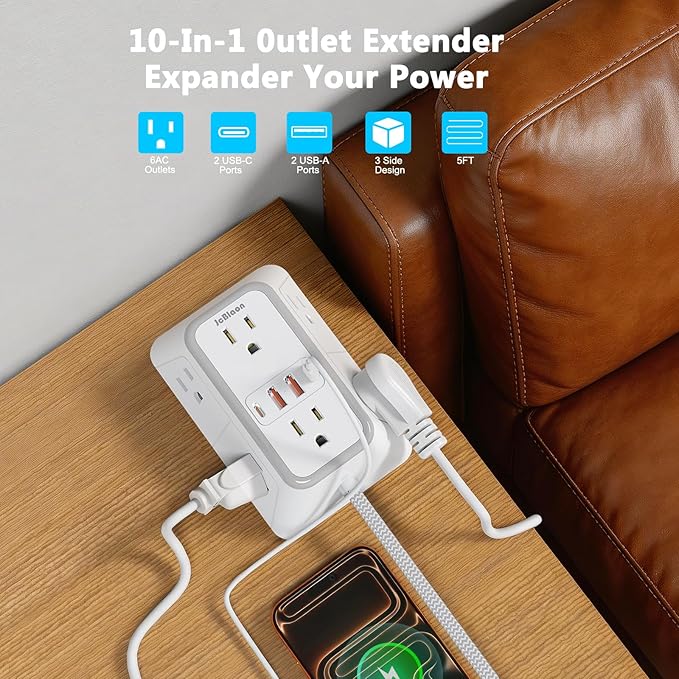 Power Strip Extension Cord - 6 Outlets and 4 USB (2 USB C), 5FT Braided Cord with Ultra Thin Flat Plug, 3 Side Outlet Extender with Overload Protection, Travel, Cruise Ship, Dorm Room Essentials