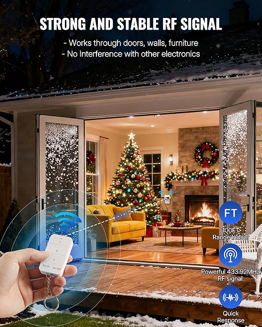 Remote Control Outlet with 2 Independent Control Sockets, WILAWELS Wireless Light Switch, Expandable Remote Outlet Switch for Christmas Tree Lights, String Lights, 15A/1875W/125V, FCC Listed