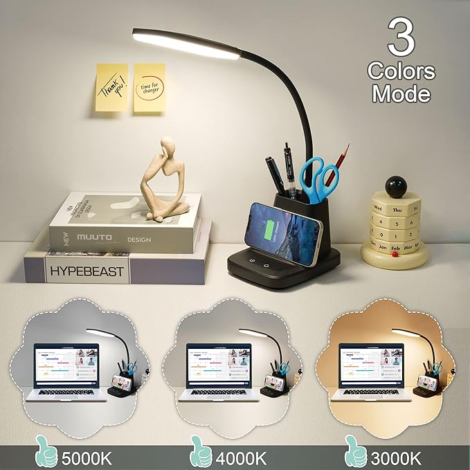 Desk Lamp, LED Desk Lamps for Home Office, Wireless Charger Small Desk Lamp with Pen Holder, 3 Color Modes, Dimmable, CRI 85, 800LM, Study Lamps for College Dorm Room, Adapter Included, Black