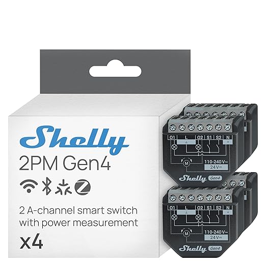 Shelly 2PM Gen4 | Wi-Fi, Zigbee & Matter 2-Channel Smart Relay Switch with Power Metering | Home Automation | Alexa, SmartThings, Google Home, HomeKit Compatible | Roller Shutters Control (4 Pack)