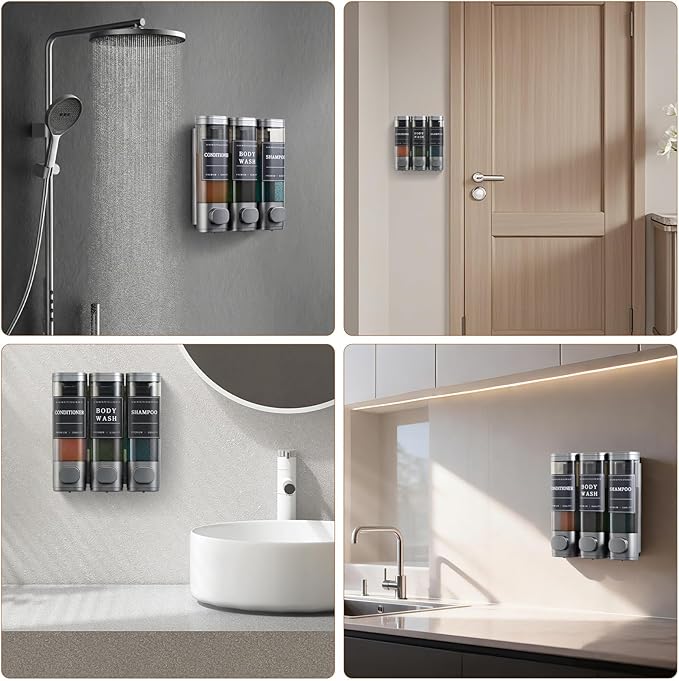Shampoo and Conditioner Dispenser,Shower Soap Dispenser 3 Chamber No Drill Wall-Mounted Shampoo Dispenser for Shower Wall Mounted Shower Dispenser for Bathroom Hotel Large Capacity,Dark Gray1