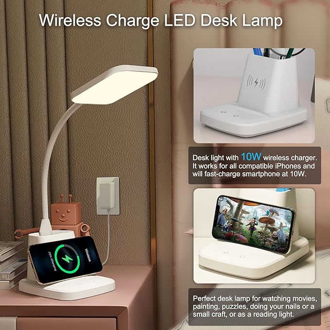 Upgraded LED Desk Lamp with Wireless Charger, White Small Desk Light with Pen Holder, 3 Color Modes, CRI 85, 800 Lumen, Study Lamps for College Dorm Room, Home Office, Adapter Included
