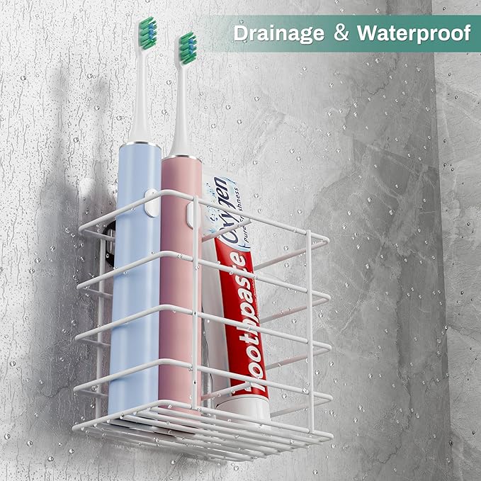 Shower Toothbrush Holder Wall Mounted, Adhesive Toothpaste Organizer for Bathroom Wall, Hanging Razor Tooth Brush Holder Caddy with Drainage, White RV Camper Bathroom Accessories Decor