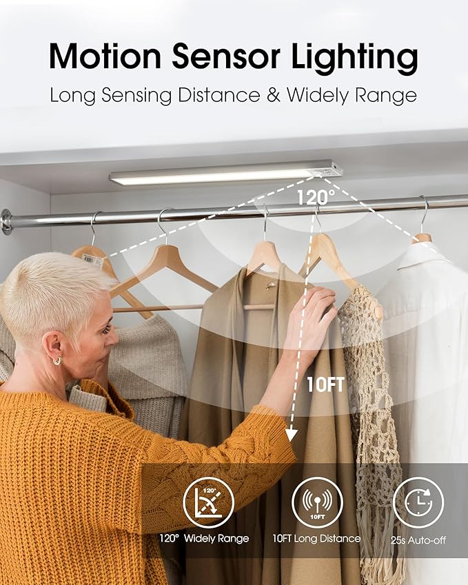 16 Inch Under Cabinet Lighting, 3Pack 5CCT Dimmable Closet Lights, Motion Sensor LED Lights of Battery Operated, Rechargeable Under Counter Light for Kitchen, Stairs, Bedroom, Wardrobe