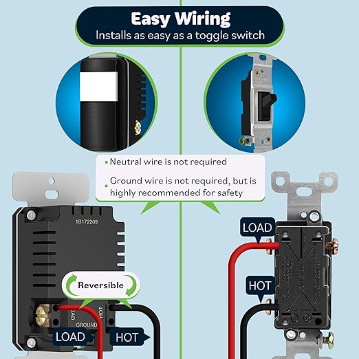 TOPGREENER PIR Motion Sensor Light Switch, Occupancy & Vacancy Motion Sensor Switch, Operable Without Ground Wire, No Neutral Wire, Single Pole, TDOS5-HL-BK-2PCS, Black