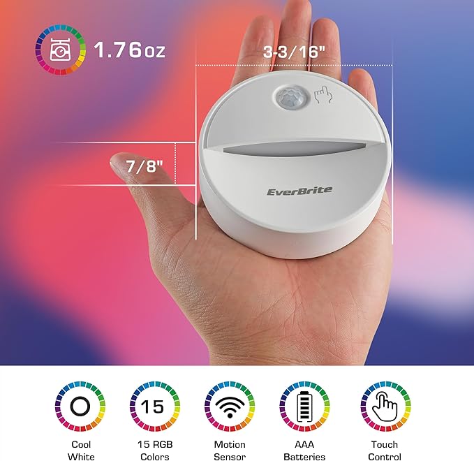 EverBrite LED Motion Sensor Night Light, Dimmable Night Lights with 15 RGB Colors, Cool White Motion Activated LED Night Light for Stairs, Hallways, Bathroom - with 18 AAA Batteries, 6-Pack