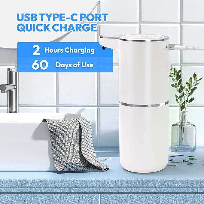 2 Pack Automatic Foaming Soap Dispenser,Touchless Foam Soap Dispenser,12.8oz Rechargeable Wall Mounted Smart for Bathroom and Kitchen Dish Soap,Easy for Toddlers(White)