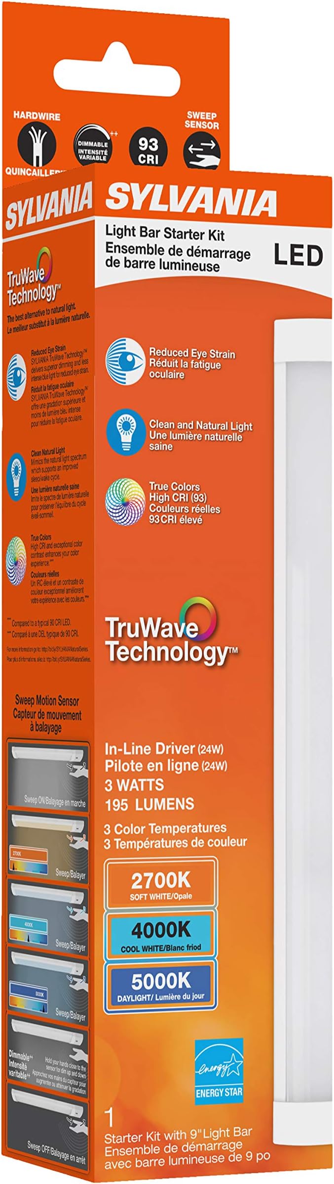 LEDVANCE Sylvania TruWave Natural Series 3-Way Selectable 9" LED Under Cabinet Light Starter Kit, Soft / Cool / Daylight, Hardwire - 1 Pack, 3 Watts (61866)
