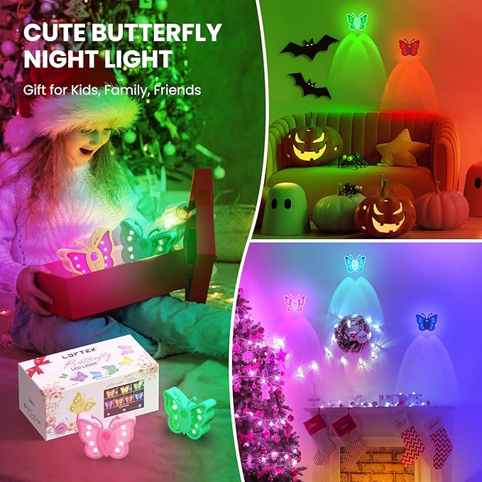 LOFTEK Rechargeable Motion Sensor Light, RGB Color Changing & Dimmable Night Light, Cute Butterfly Light for Kid's Bedroom, Bathroom, Hallway, Tent & Stairs - Ideal Home Decor & Gift, Pink of 4
