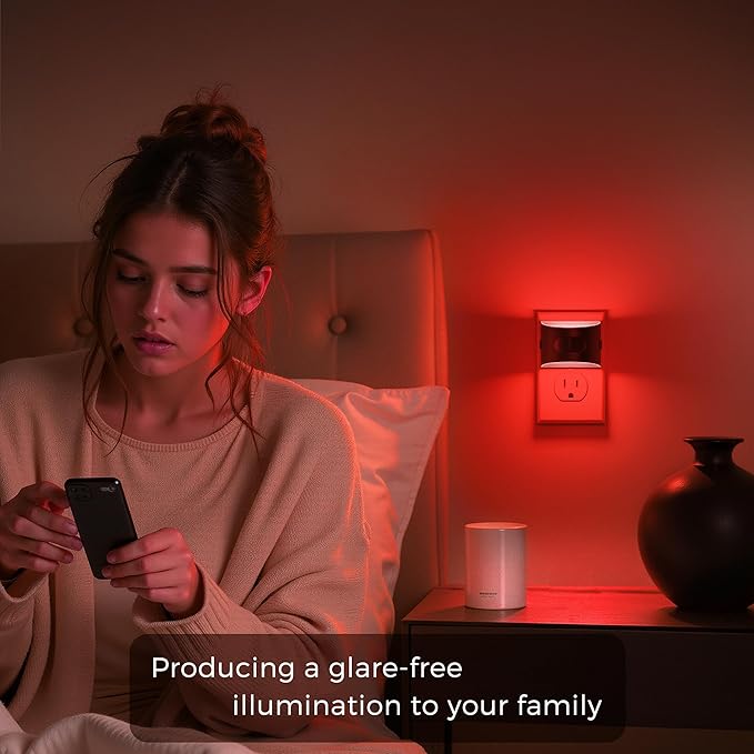 L LOHAS LED Night Light with Motion Sensor & Dusk to Dawn Sensor, Night Lights Plug into Wall with 30-100lm Adjustable Brightness, Dimmable Night Light for Bathroom Hallway, Red, 4 Pack