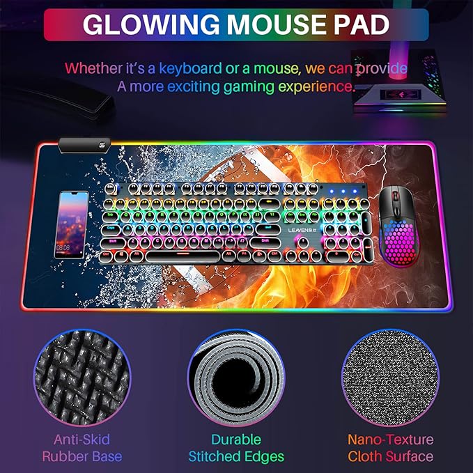 XL RGB Gaming Mouse Pad with 14 Light Modes - Light Up Gamer Mouse Pad,31.5 x 11.8in Non-Slip Football Style Led Large Gamer Mousepad,Black Long Glowing Gaming Accessories for Desk,Waterproof