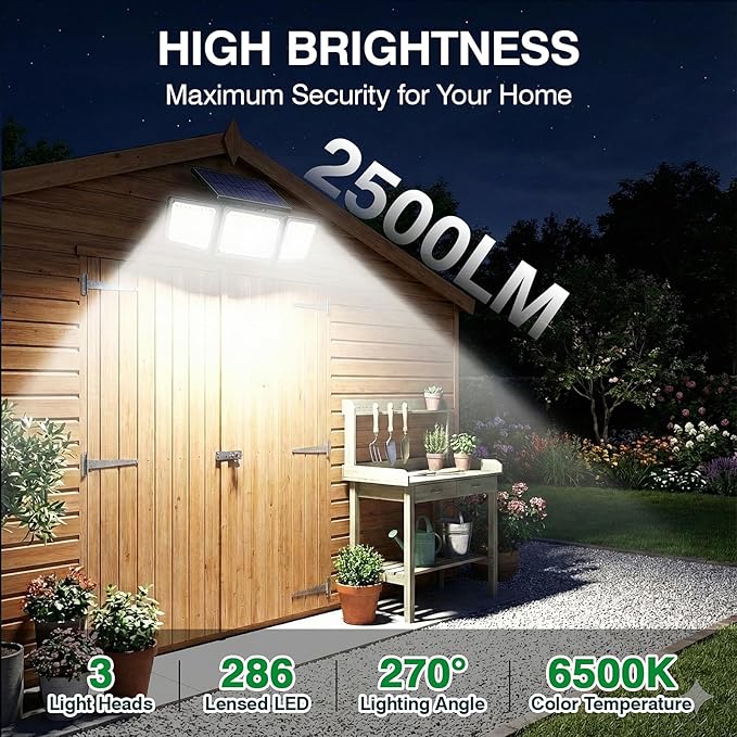 Solar Outdoor Lights Motion Sensor, 2500LM 286 LED Security Flood Lights with Visual Battery & Mode Display, 3 Lighting Modes, IP65 Waterproof 3-Head Wide Angle for Garage, Yard, Patio (6P Warm White)