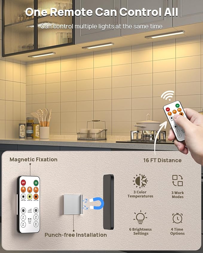 12" Under Cabinet Lights Wireless, Motion Sensor Light Indoor with Remote, LED Rechargeable Closet Light, 3 Color Temps, Dimmable, Magnetic, Under Counter Lights for Kitchen, Stairs, Pantry