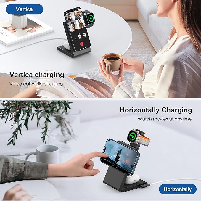 New Travel Foldable 3 in 1 Wireless Charging Station for Apple Magsafe Charger Stand,Fast Magnetic Wireless Charger Station for iPhone 17 Air 16 15 14 13 12 Series,Airpods Pro,Apple Watch Ultra-Black