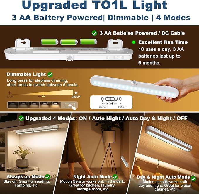 BLS T01L LED Closet Light, Super Bright 20 LED Under Cabinet Lighting Battery Powered/DC Input Wireless Motion Sensing Light, Auto On Off Switch, Motion Sensor & Light Sensor, Light Beam Adjustable