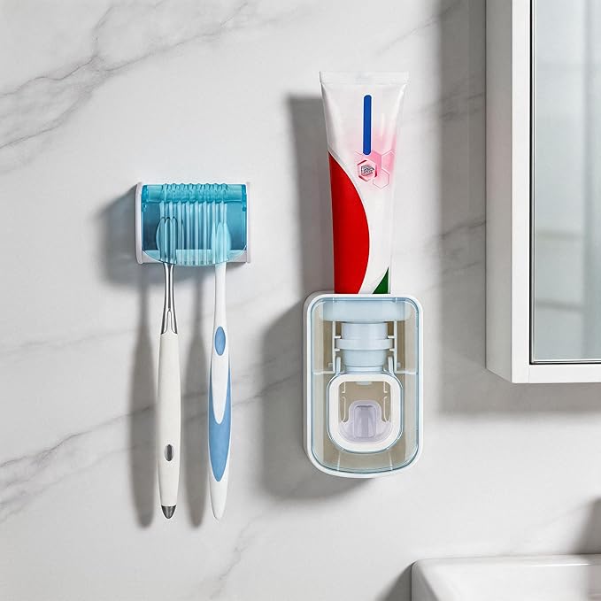 2 Slots Wall Mount Toothbrush Holder with Cover, Self Adhesive Toothbrush Storage Organizer for Shower, Toothbrush Hanger with Automatic Toothpaste Squeezer Dispenser(Blue)