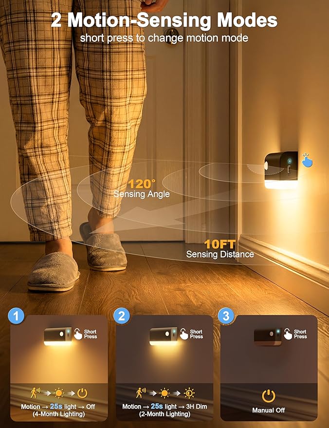 NIORSUN Motion Sensor Stair Lights Indoor, 3 Pack Rechargeable Wireless Step Lights with 3 Color Temperatures, 1200mAh Battery, Magnetic Base for Hallway, Closet, Bathroom, Black