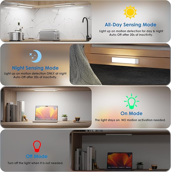 Motion Sensor Under Cabinet Lights, Magnetic Rechargeable Under Counter Closet Light, Wireless Night Light Bar Stick-On, 3-Pack, Cool White