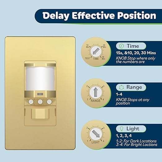 TOPGREENER Occupancy/Vacancy PIR Motion Sensor Light Switch, Learning Function, No Neutral No Ground Required, 200W Incandescent / 150W LED Load, UL Listed, Screwless Wall Plate Included, Gold, 2 Pack