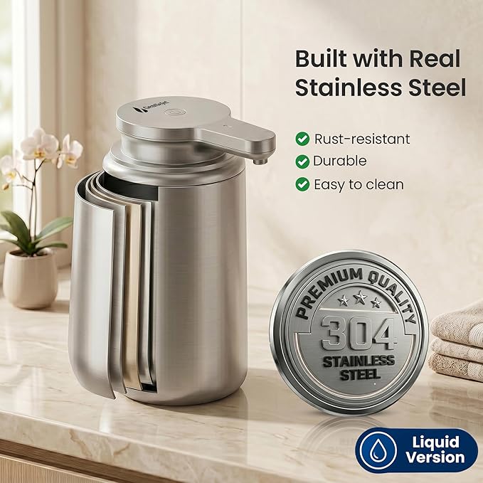 GentleJet WaveJet Automatic Liquid Soap Dispenser Touchless Sensor, USB-C Rechargeable, 304 Stainless Steel, IPX5 Waterproof for Bathroom Kitchen Sink, 10 oz / 300 ml