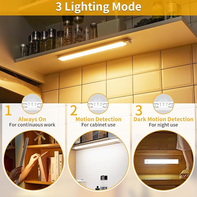 Wireless Under Cabinet Lighting 12 Inch 3 Pack, 1500mAh Magnetic Motion Sensor Light USB C Rechargeable Closet Lights, 3 Color Dimmable LED Night Light Stick on Under Counter Lights for Kitchen Stairs