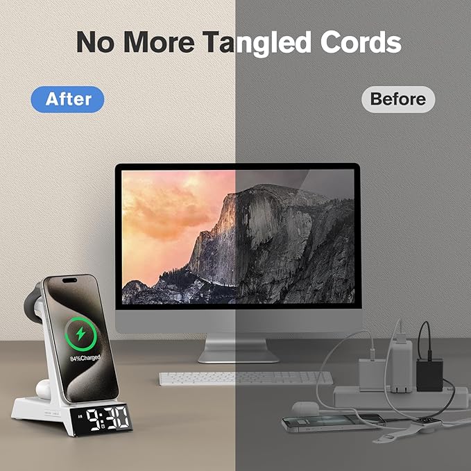ANJANK 4 in 1 Alarm Clock with Wireless Charging, Wireless Charger Station for Multiple Devices Apple,Charging Dock for iPhone 17 16 15 14 13 12 Pro Max Series, Apple Watch, AirPods Pro 3/Pro 2/4/3/2
