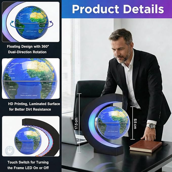 Magnetic Levitation Floating Rotating World Globe with LED Frame Lights, C Shape Levitating Globe, Touch Switch Night Light, Cool Tech Gifts for Men Dad Boys Kids, Office Desk Decor and STEM Gift