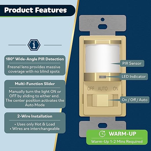 TOPGREENER Occupancy/Vacancy PIR Motion Sensor Light Switch, Learning Function, No Neutral No Ground Required, 200W Incandescent / 150W LED Load, UL Listed, Screwless Wall Plate Included, Gold, 2 Pack
