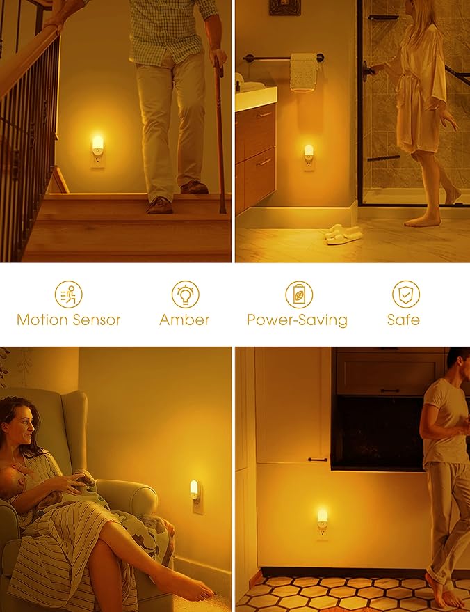 L LOHAS LED Amber Night Light, 4 Pack, Night Lights Plug into Wall Motion Sensor, LED Motion Activated Night Lights, 30/60LM, Automatic Low Blue Night Light for Kids Adults Bathroom Hallway Bedroom