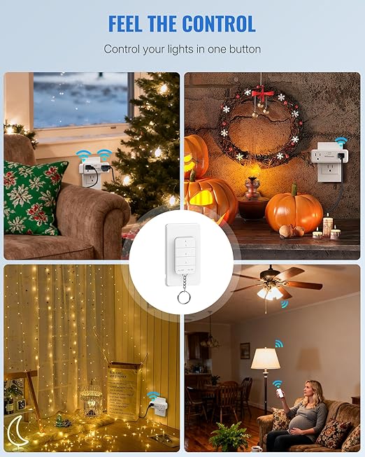 Remote Control Outlet with 2 Independent Control Sockets, WILAWELS Wireless Light Switch, Expandable Remote Outlet Switch for Christmas Tree Lights, String Lights, 15A/1875W/125V, FCC Listed