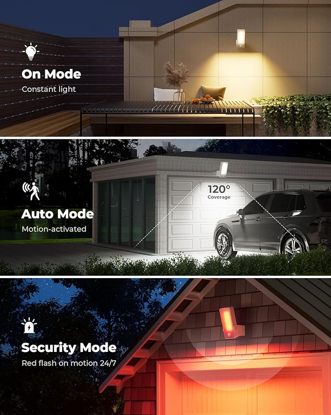 2 Pack Motion Sensor Outdoor Lights, 10000mAh Rechargeable 600 Lumen Battery Operated Outdoor Wall Lights with 3 Modes, 3 Colors, IP65 Waterproof Outdoor Security Lights for Fences, Garage, Patio
