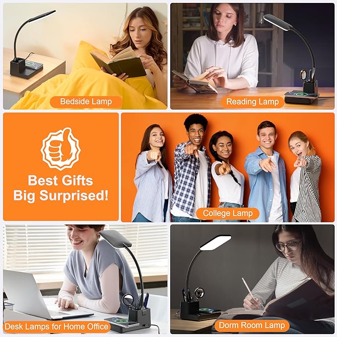 Desk Lamp, Table Lamp with Wireless Charger & USB Port, 800LM CRI95 3 Color Modes Dimmable Touch Flexible Arm Pen Holder, LED Desk Lamps for Home Office, College Dorm Room, Adapter Included